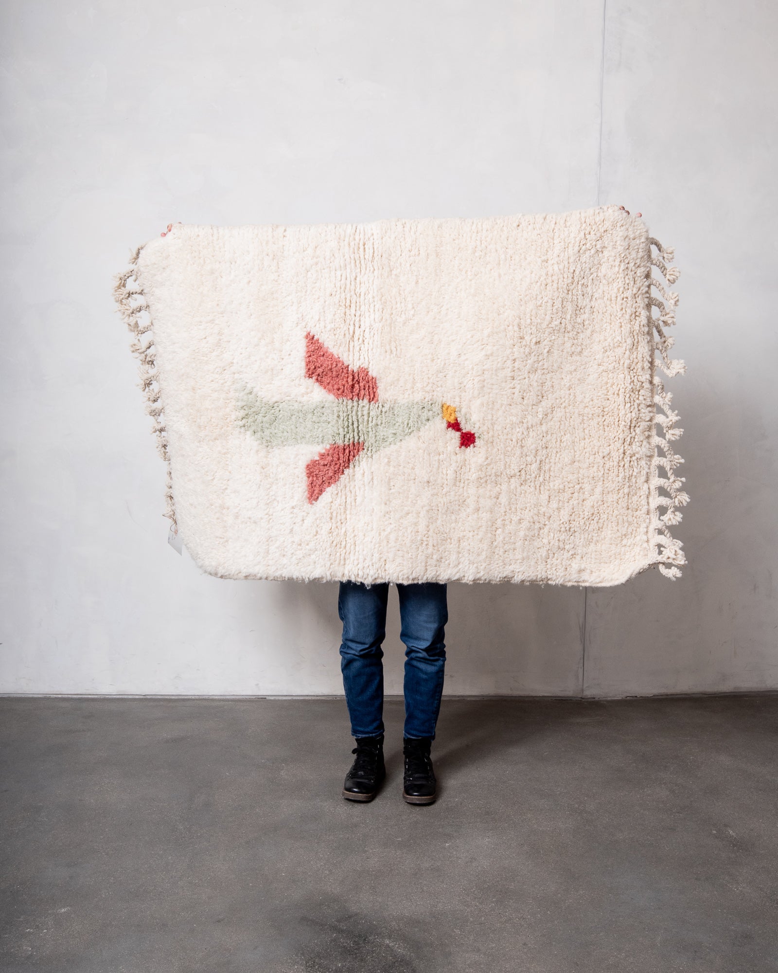 Modern, designer, handcrafted Berber rug from Morocco. Beniourain carpet with beautiful colours and patterns and fluffy wool texture.